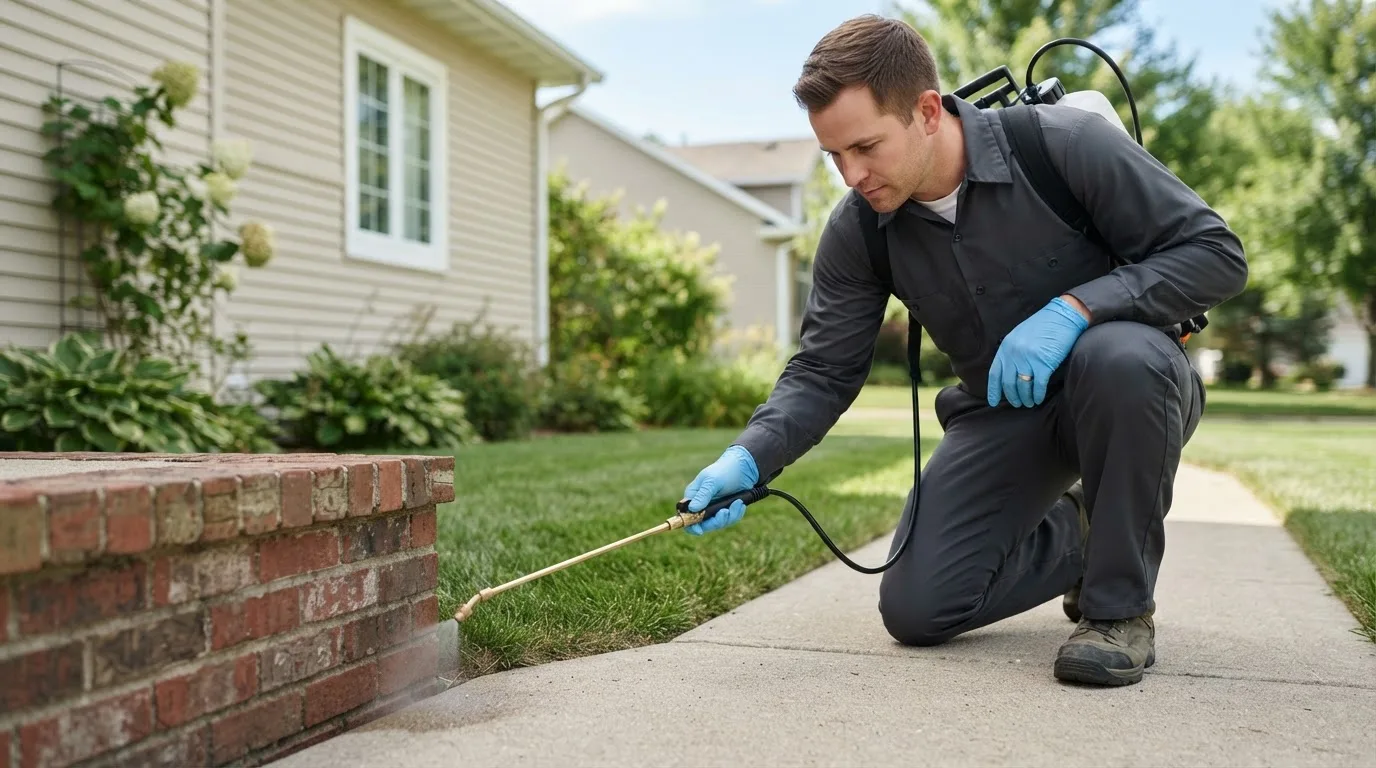 Pest control technician treating a home near Lewiston, ME
