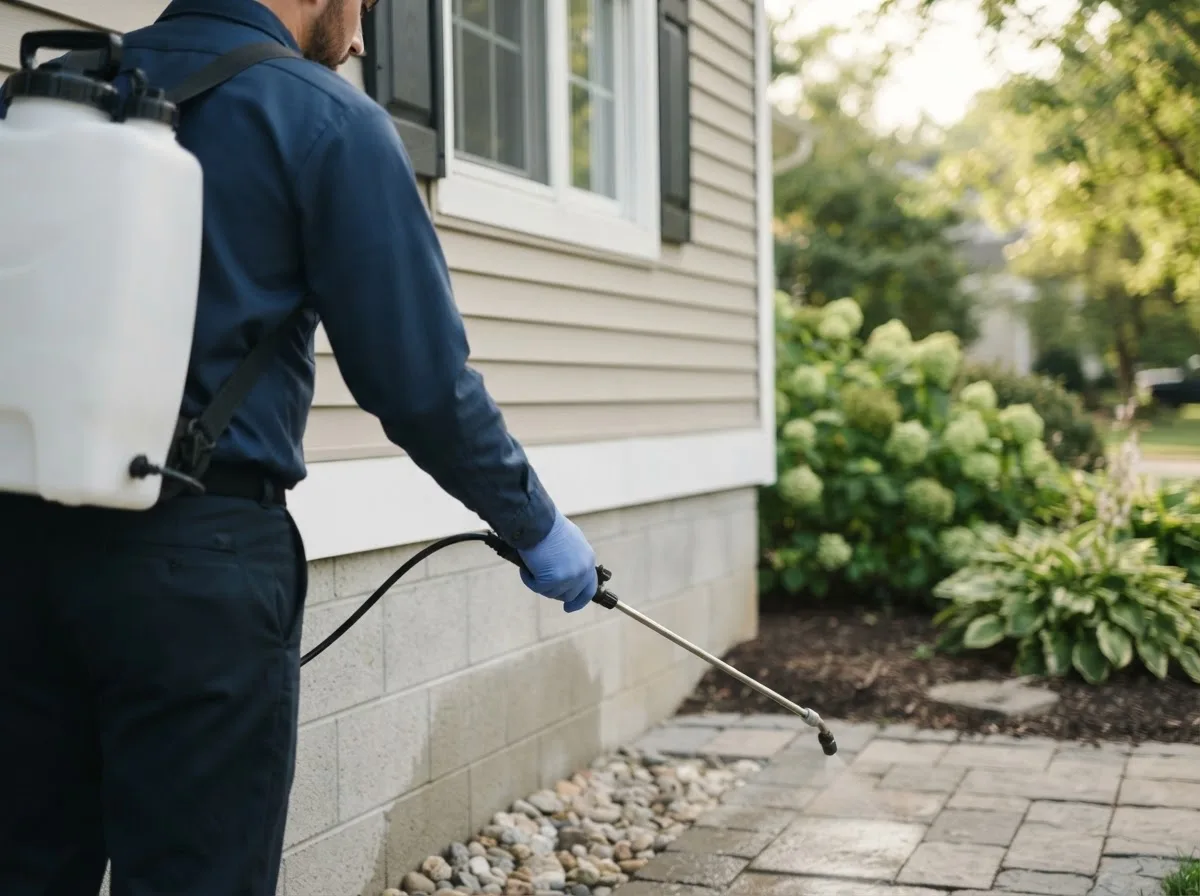 Pest control technician inspecting a home in Lewiston, ME